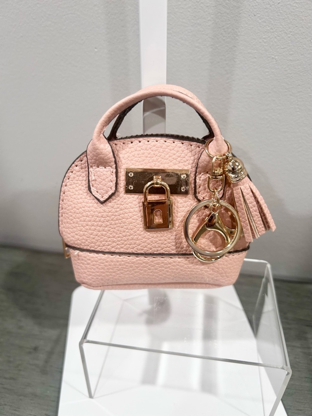 Mini Pink Leather-Texture Satchel Bag Charm with Gold Hardware